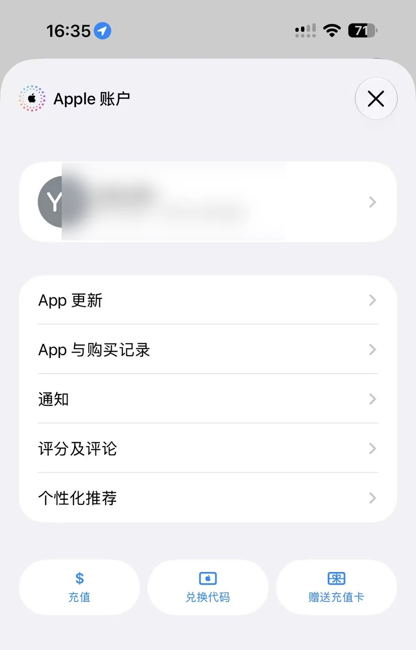 iPhone App Store 账户页面中的兑换充值卡或代码入口