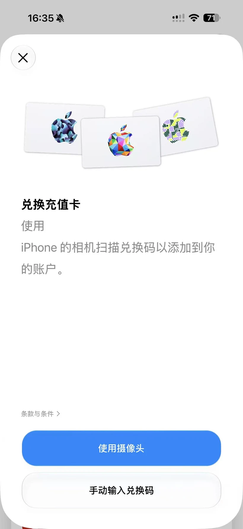 App Store 兑换充值卡页面,显示手动输入兑换码选项