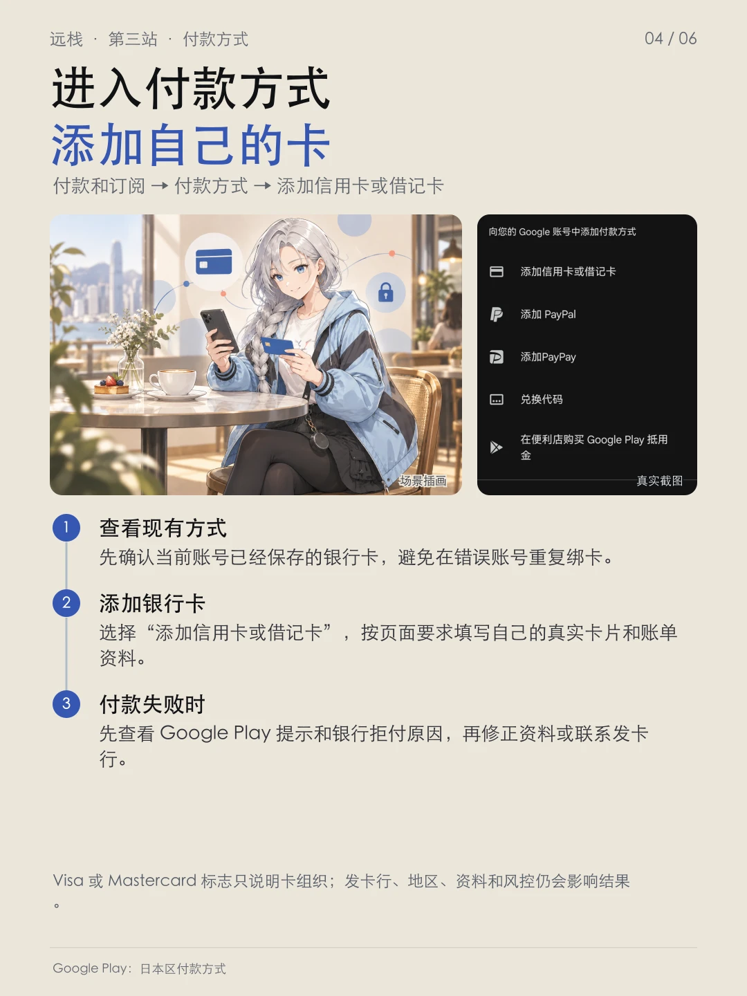 进入 Google Play 付款方式并添加自己的银行卡,右侧为脱敏真实截图