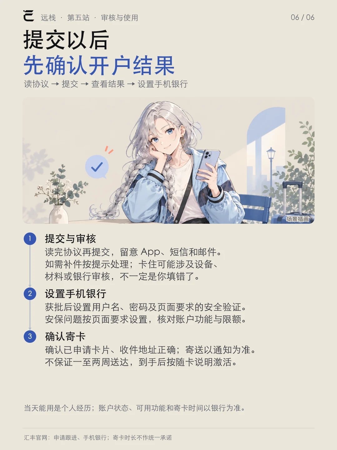 提交以后,先确认开户结果:提交与审核、设置手机银行、确认寄卡
